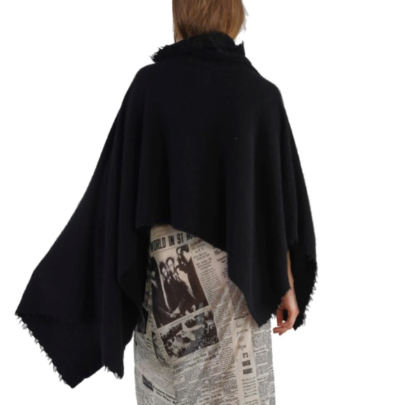 RUNDHOLZ DIP Distressed Edge Knit Cape in Black Unstructured Merino Sweater NWT